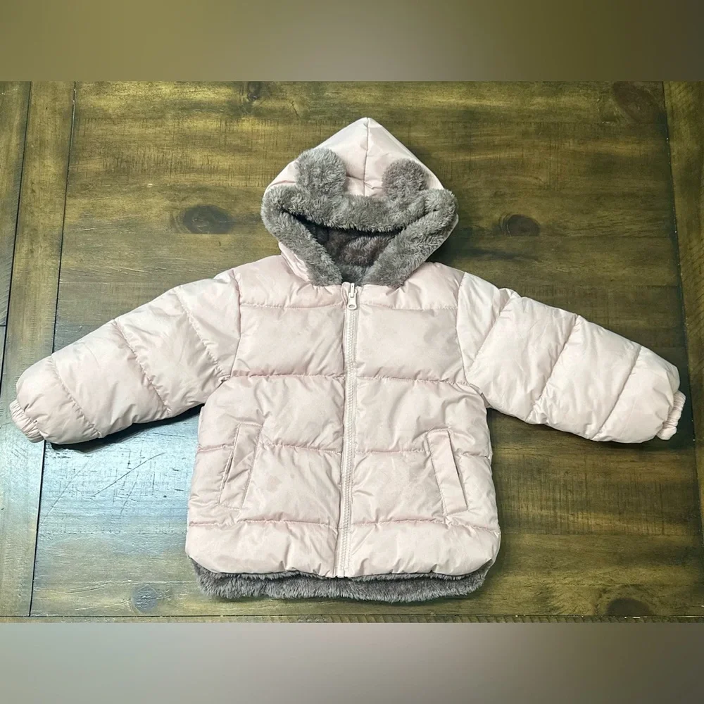 Toddler Girls Pink Puffer Coat w/ Faux Fur Lined Hood (Bear Ears!) Size 2T